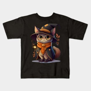 Halloween Kitty Cat with Witch Hat Kids T-Shirt